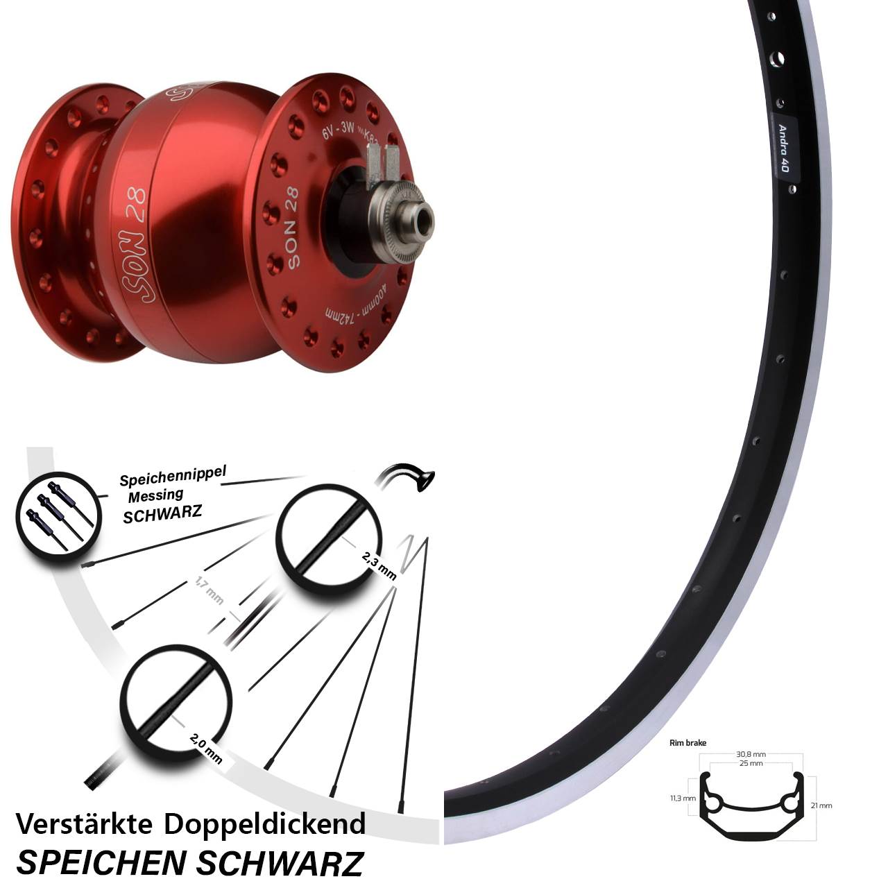 28-29 Zoll Ryde Andra 40 SON 28 rot Dynamo-Vorderrad QR