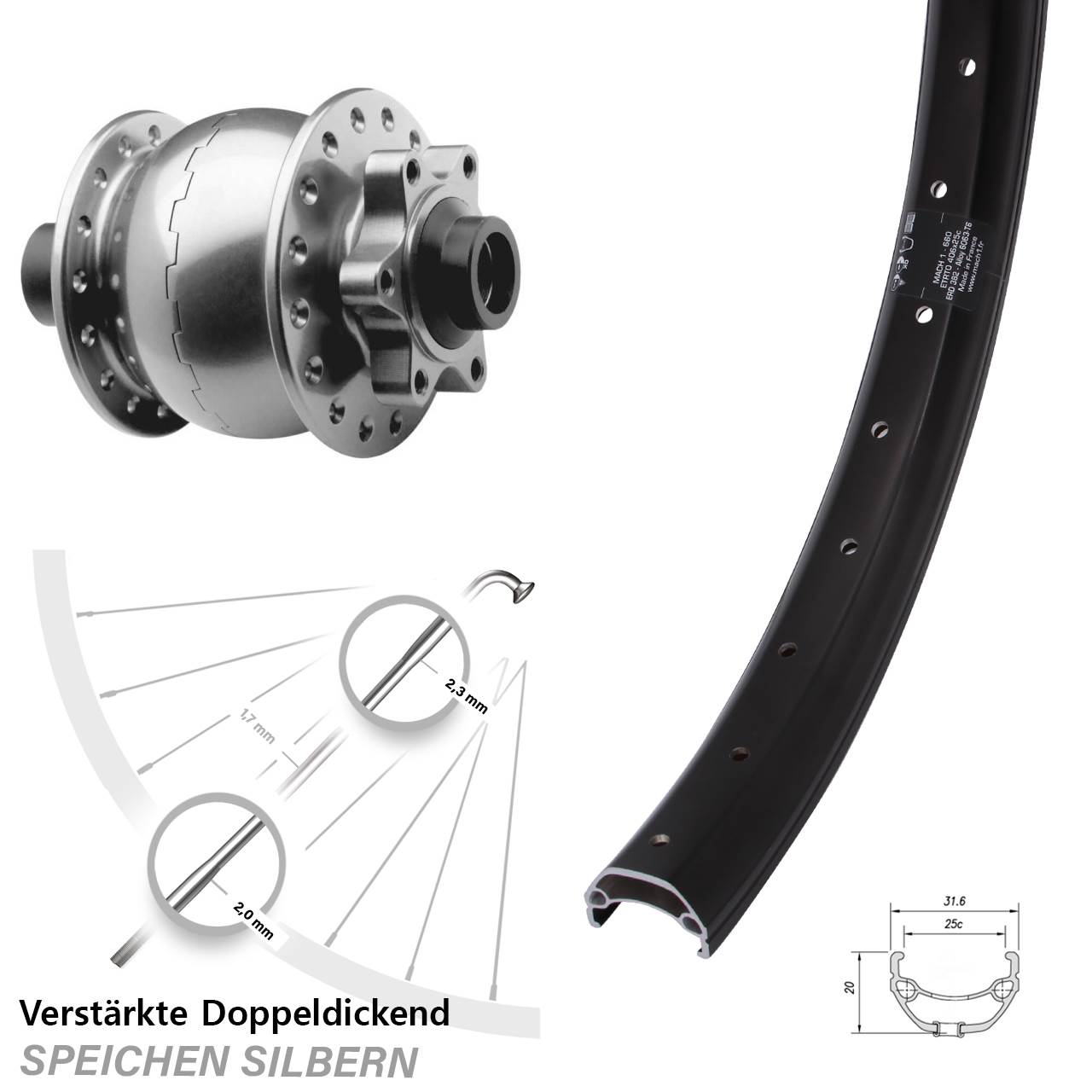 Nabendynamovorderrad 6-Loch 15x100 20 Zoll Mach1 Kargo SON 28