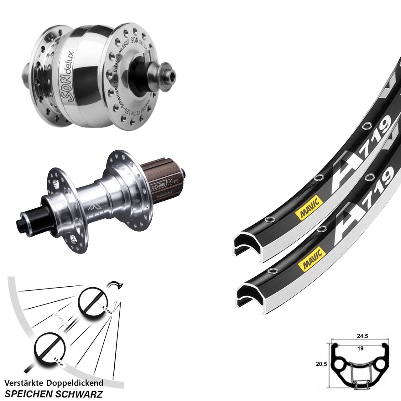 Mavic A 719 KX-T SONdelux poliert 28 Zoll Laufrad-Satz für Schnellspanner 8-12 fach