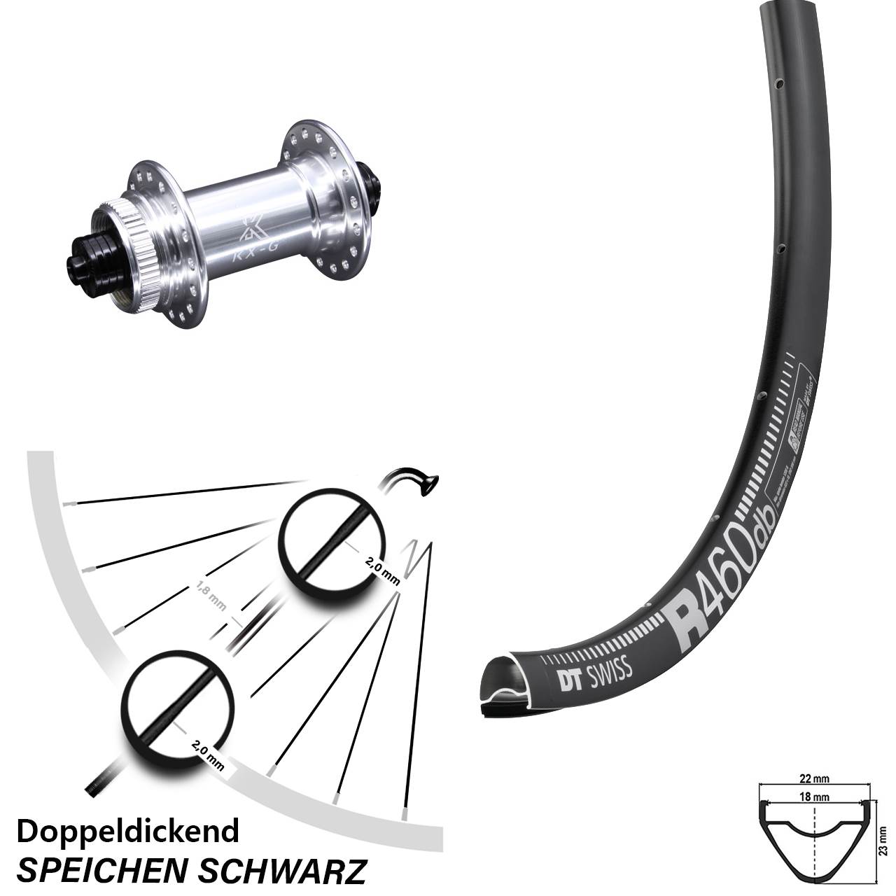 28 Zoll Vorderrad DT Swiss R 460 DB mit KX-G silbern 5x100 mm Schnellspanner