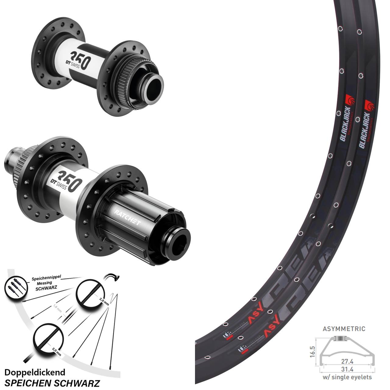 Laufradsatz 27,5 Zoll Rodi Ready 27 DT Swiss 350 Ratchet 36 Steckachse Shimano HG