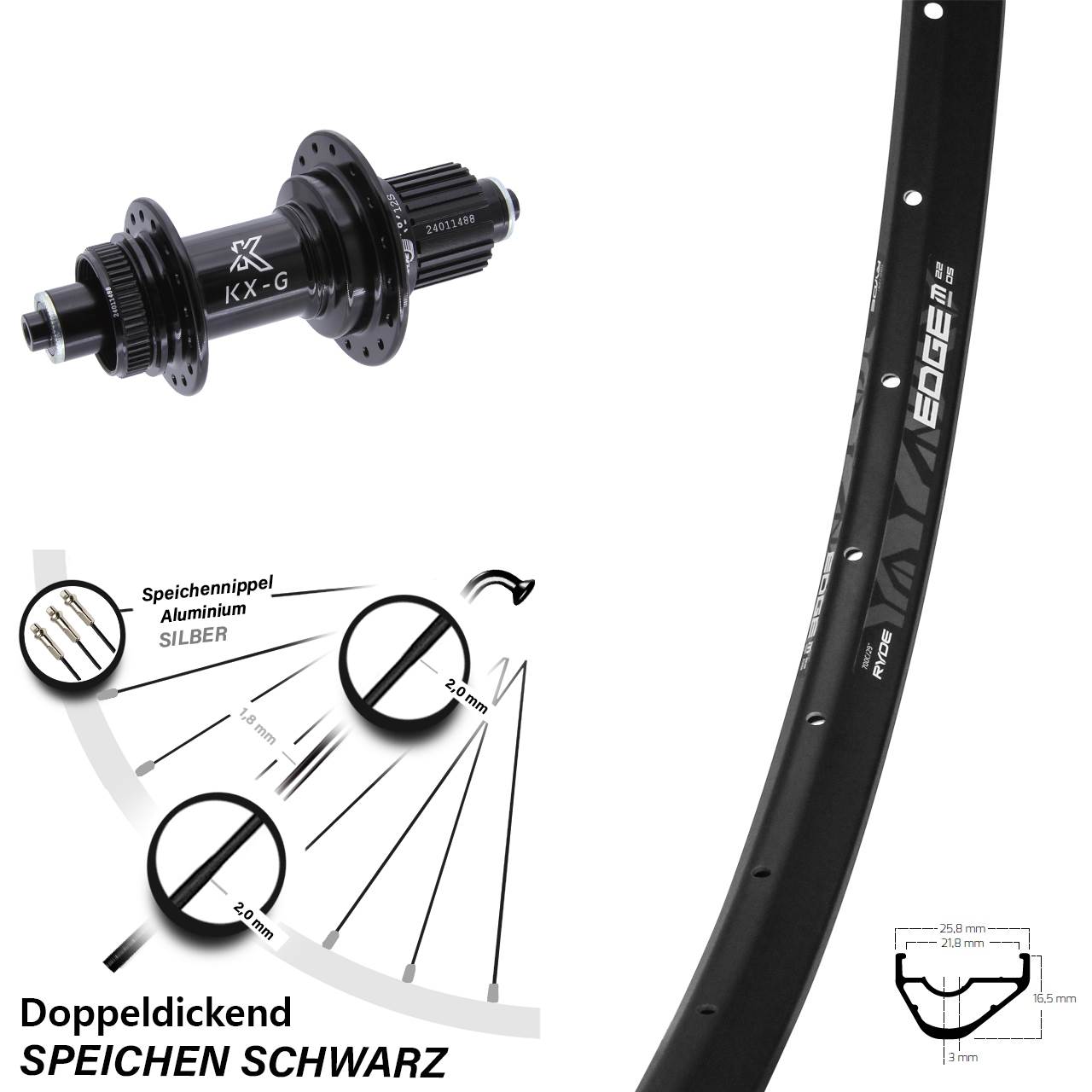 Ryde Edge M22 28 Zoll Hinterrad KX-G Micro Spline