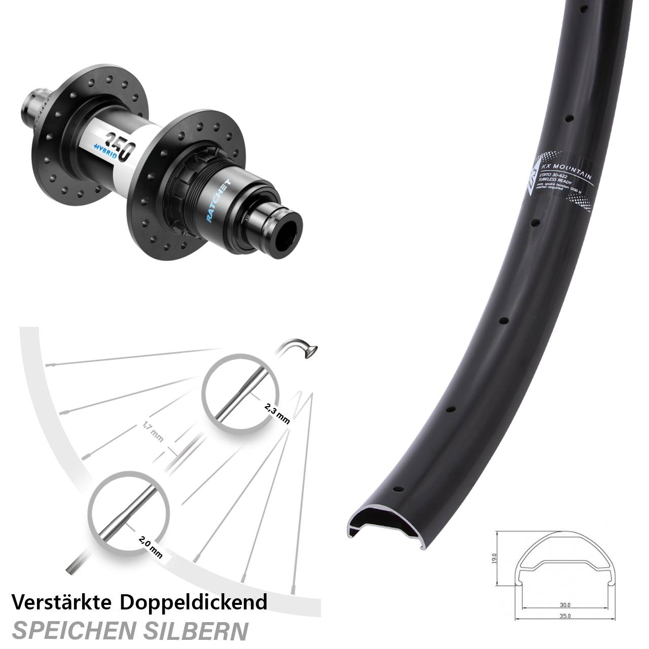 Hinterrad Centerlock 29 Zoll KX Mountain DT Swiss 350 Hybrid XD 12x148 Boost
