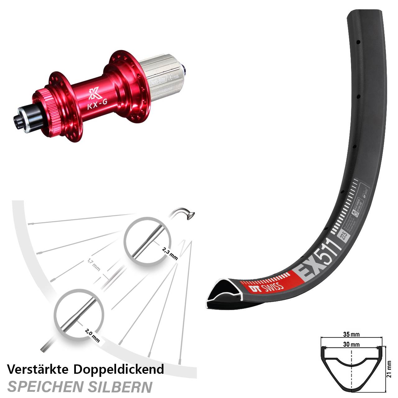 DT Swiss EX511 KX-G rot 29 Zoll Disc Hinterrad für Schnellspanner 8-12 fach