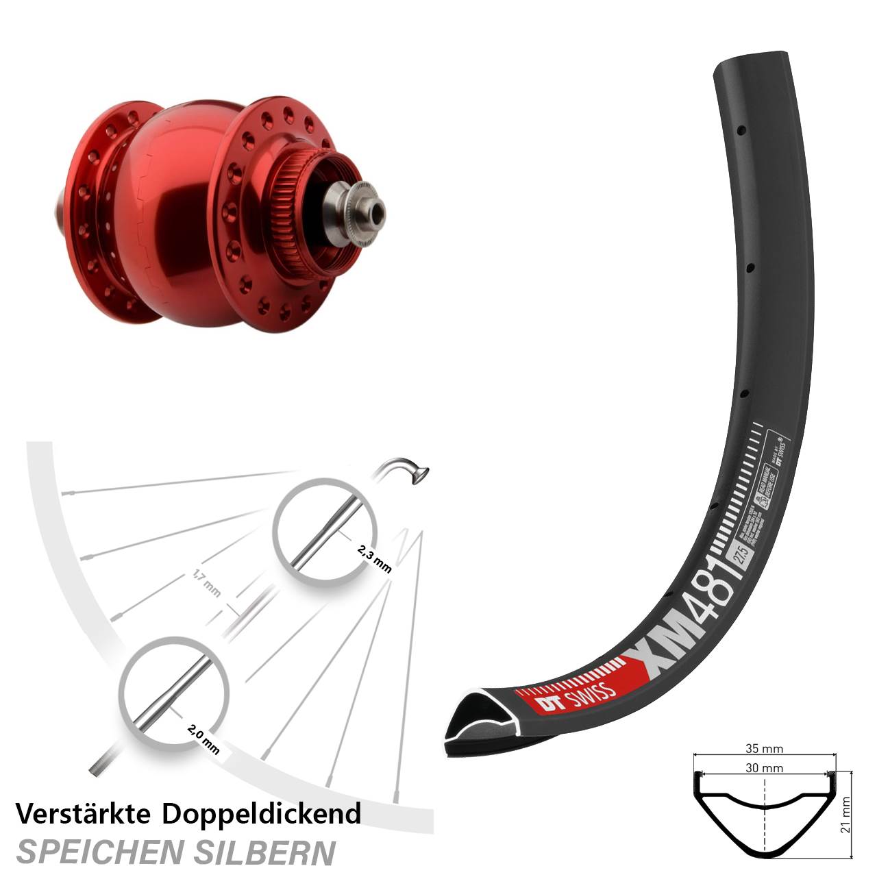 27,5 Zoll DT Swiss XM 481 SONdelux rot Centerlock Vorderrad mit Nabendynamo QR