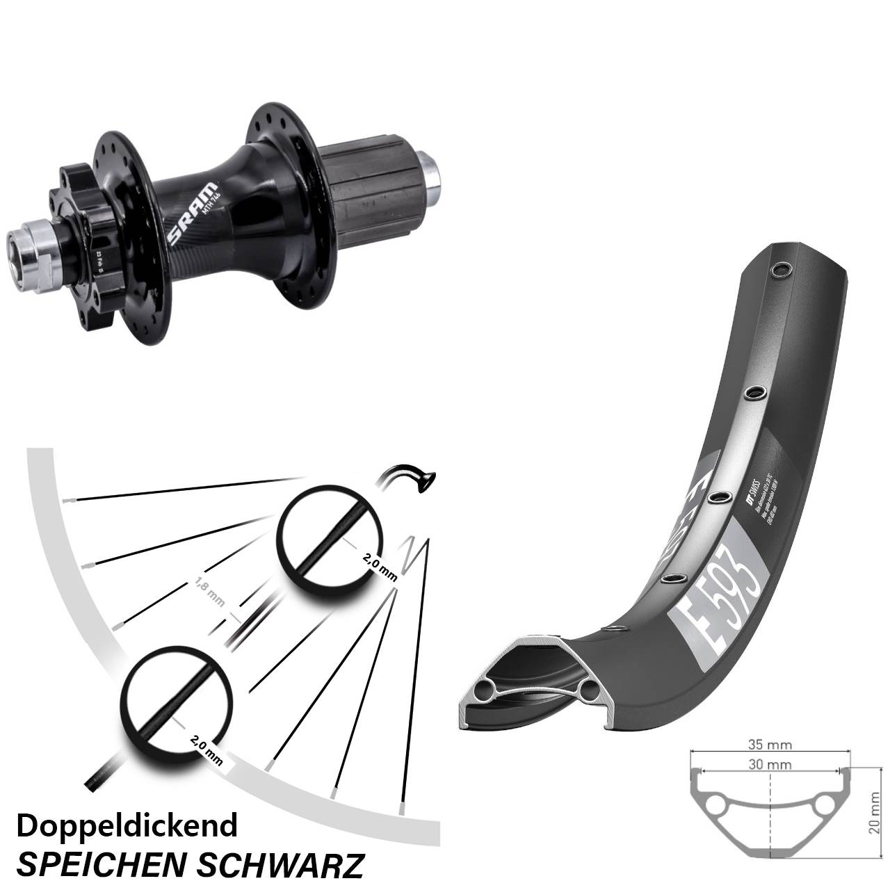 DT Swiss E 593 Sram 746 27,5 Zoll Disc Laufrad 12x148 8-11 fach HG