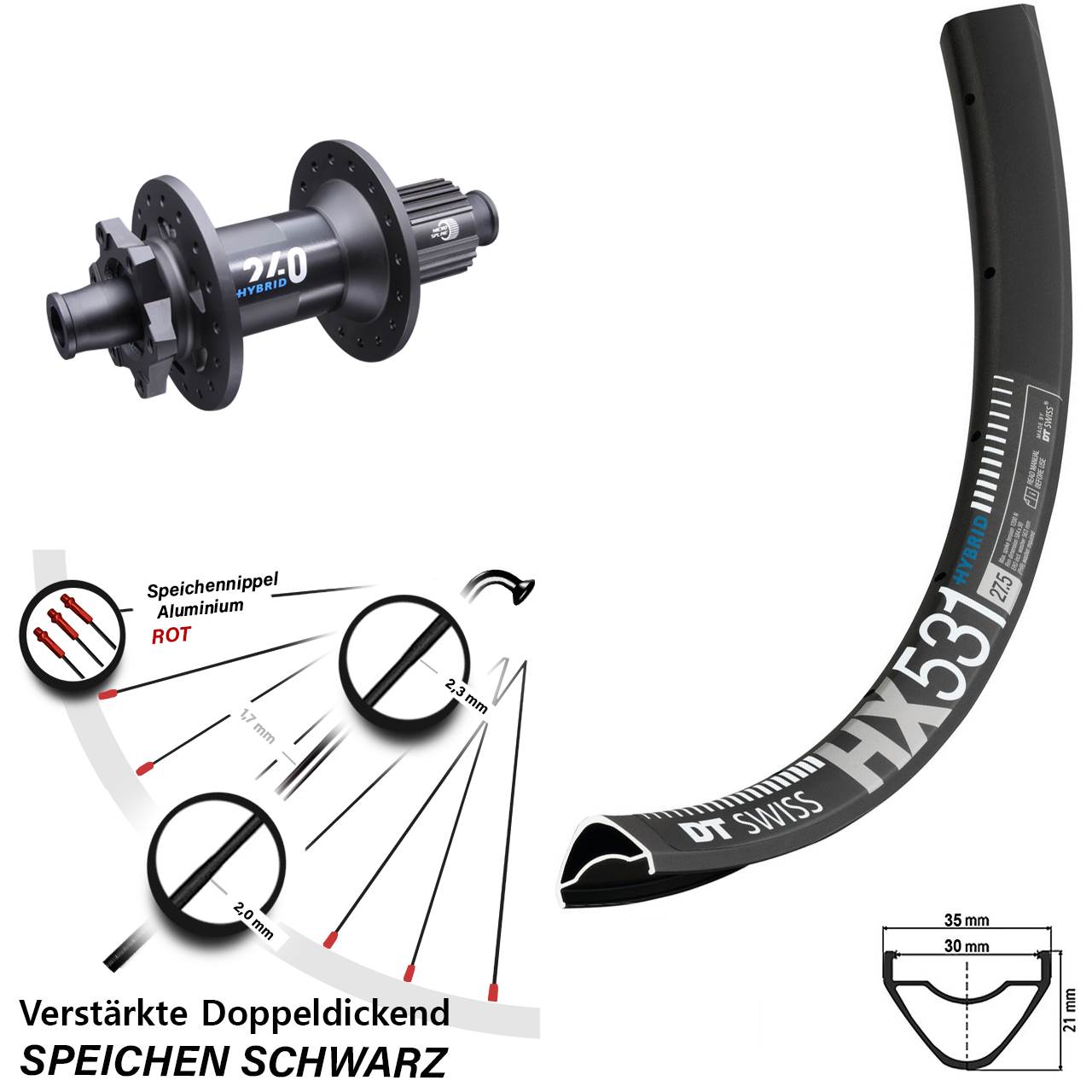 27,5 Zoll Hinterrad HX531 DT Swiss 240 Hybrid Boost 6-Loch Micro Spline E-Bike leicht