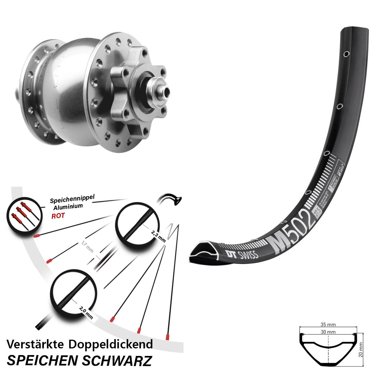 Disc Vorderrad mit Nabendynamo 27,5 Zoll DT Swiss M502 SON 28 für Schnellspanner