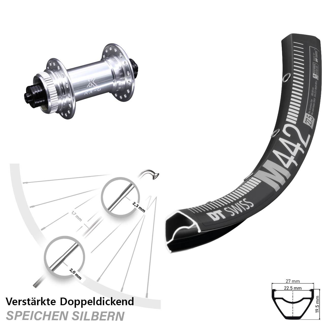 28 Zoll DT Swiss M442 KX-G Disc Vorderrad für Schnellspanner