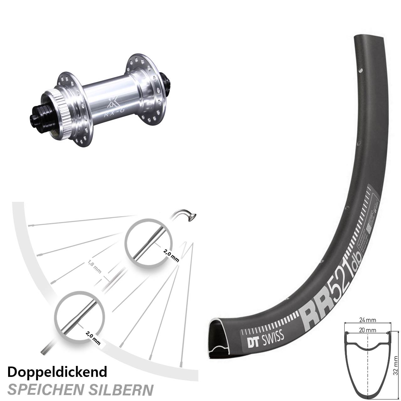 KX-G silbern 5x100 mm DT Swiss RR 521 DB Vorderrad 28 Zoll Schnellspanner
