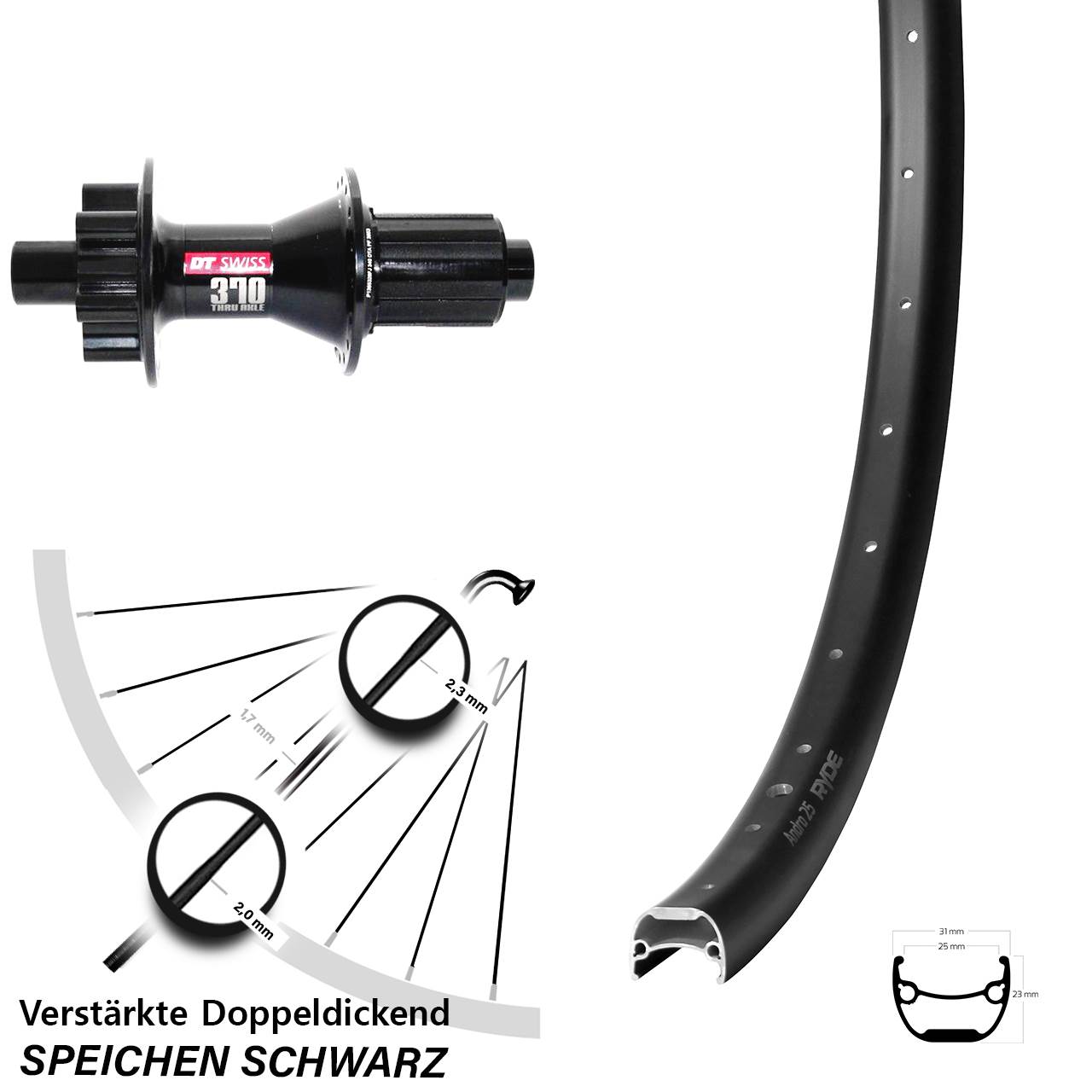 28 Zoll Ryde Andra 25 DT Swiss 370 6-Loch Hinterrad 12x142 8-11 fach HG