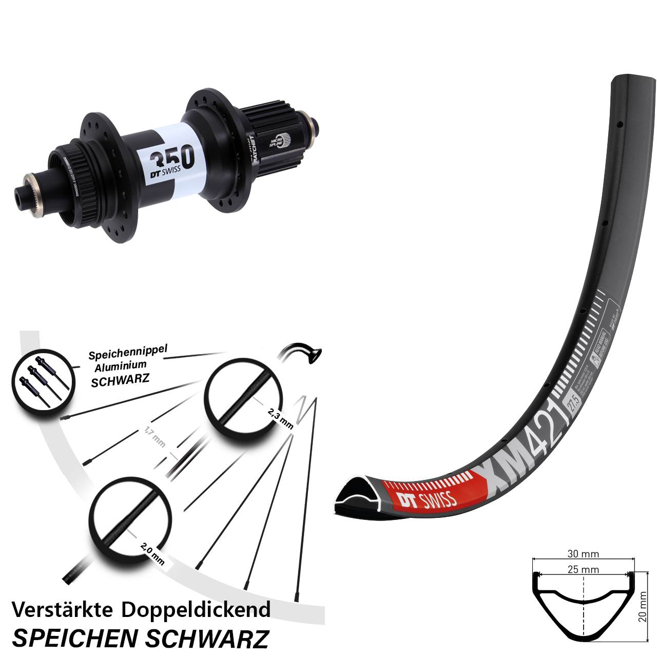 27,5 Zoll DT Swiss XM 421-350 Hinterrad Centerlock für Schnellspanner Shimano Micro Spline