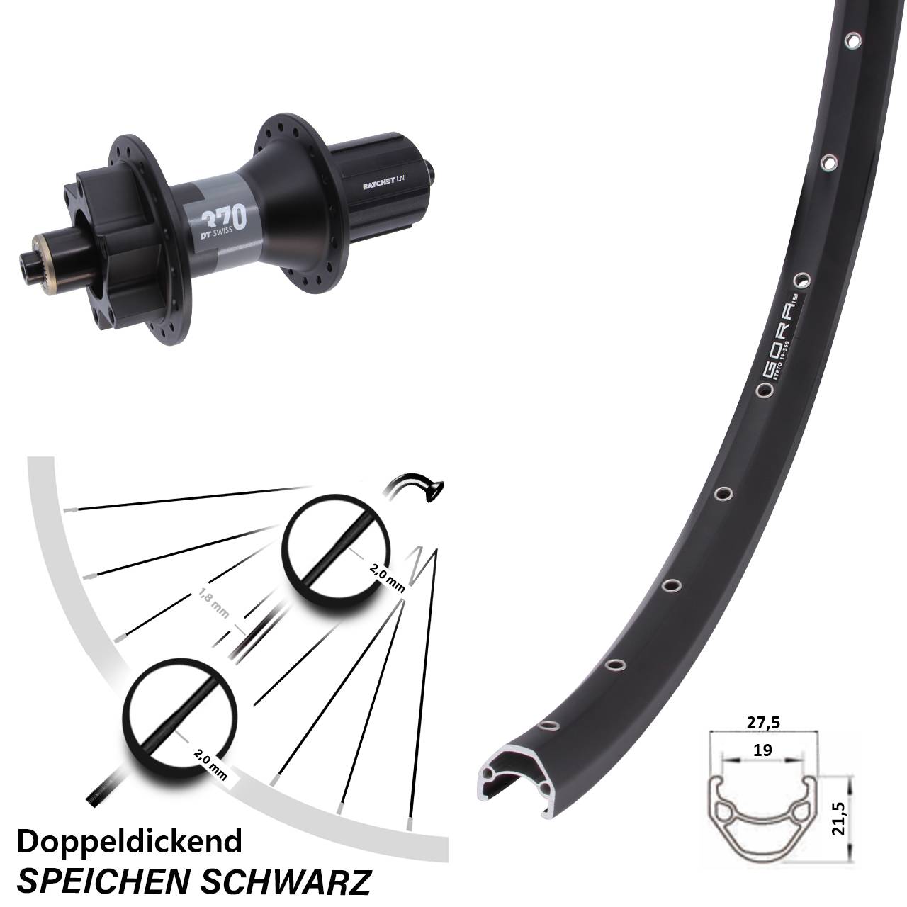 Gora 19 DT Swiss 370 28 Zoll 6-Loch Hinterrad 8-11 fach HG für Schnellspanner