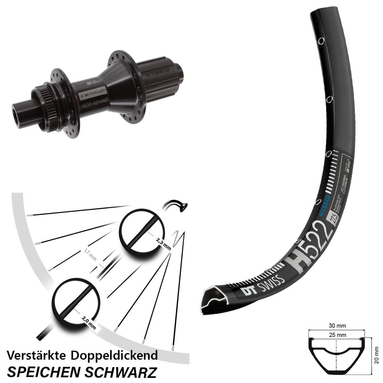 27,5 Zoll DT Swiss H522-370 Hybrid Disc Laufrad 12x142 8-11 fach HG