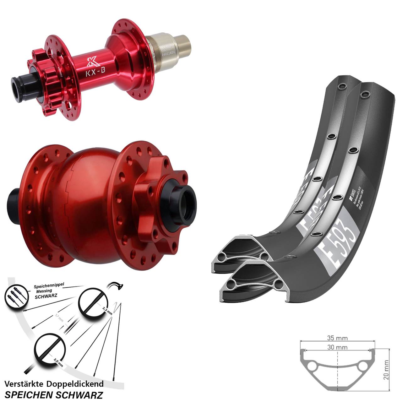 DT Swiss E 593 KX-B rot SON 28 29 Zoll Laufradsatz 6-Loch 15x110 12x148 XD 11-12 fach