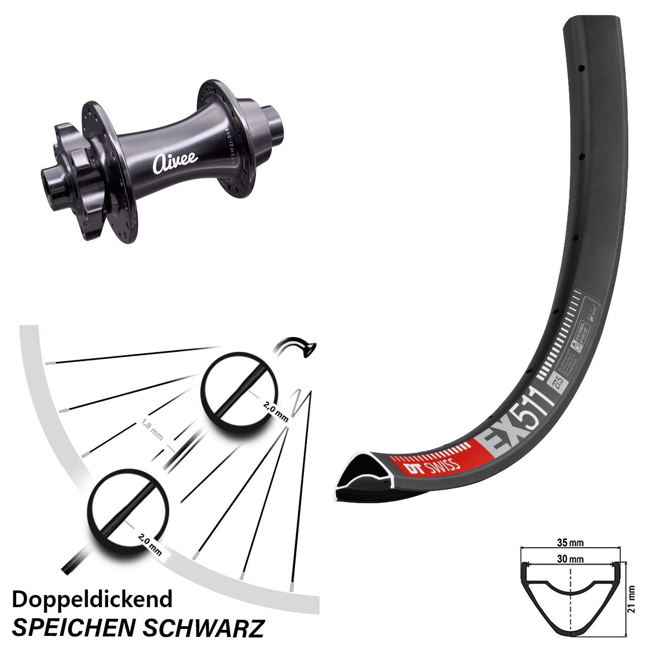 Vorderrad 29 Zoll DT Swiss EX 511 Nabe Aivee Classic Boost 110 mm
