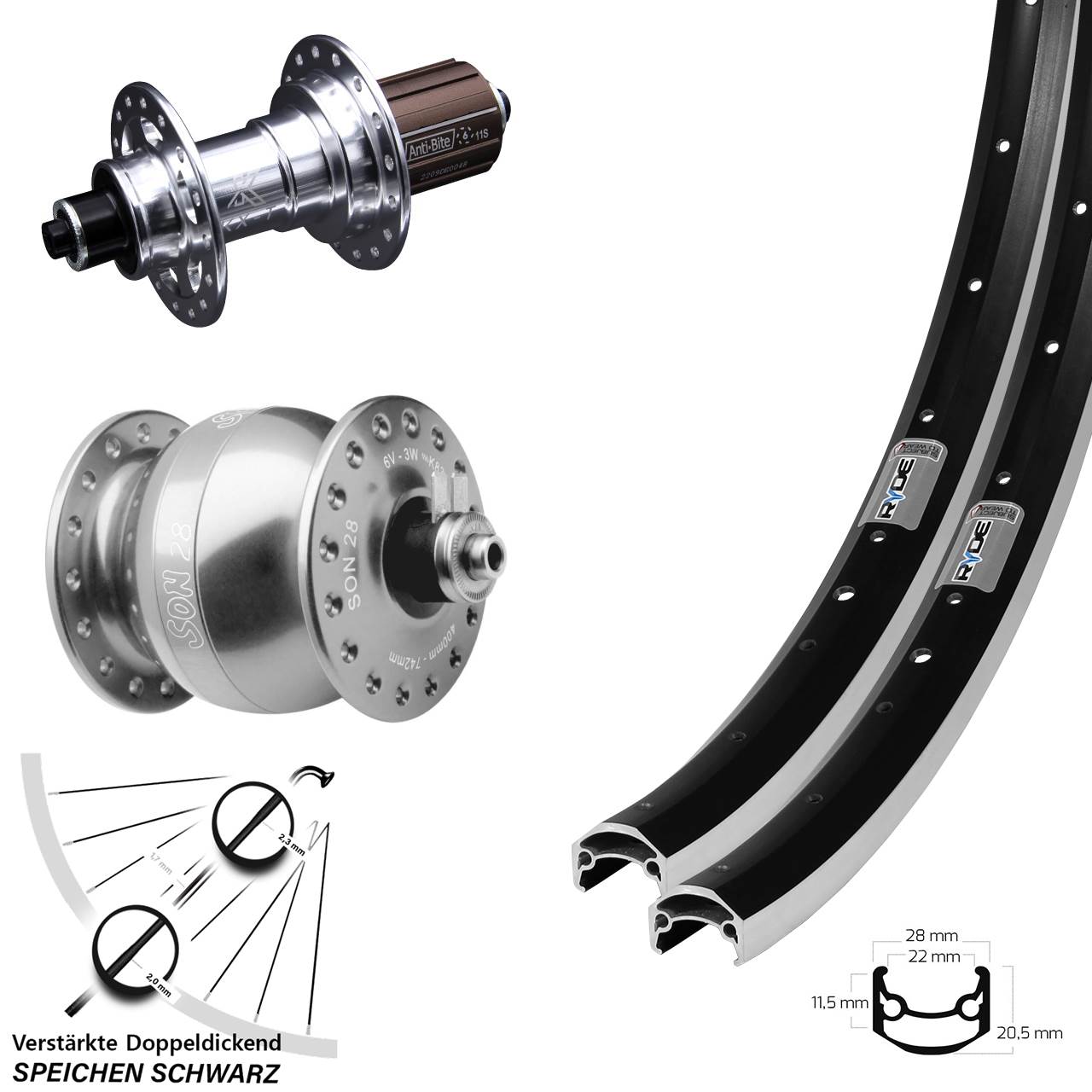 27,5 Zoll Ryde Andra 35 KX-T SON 28 Laufradsatz für Schnellspanner 8-12 fach