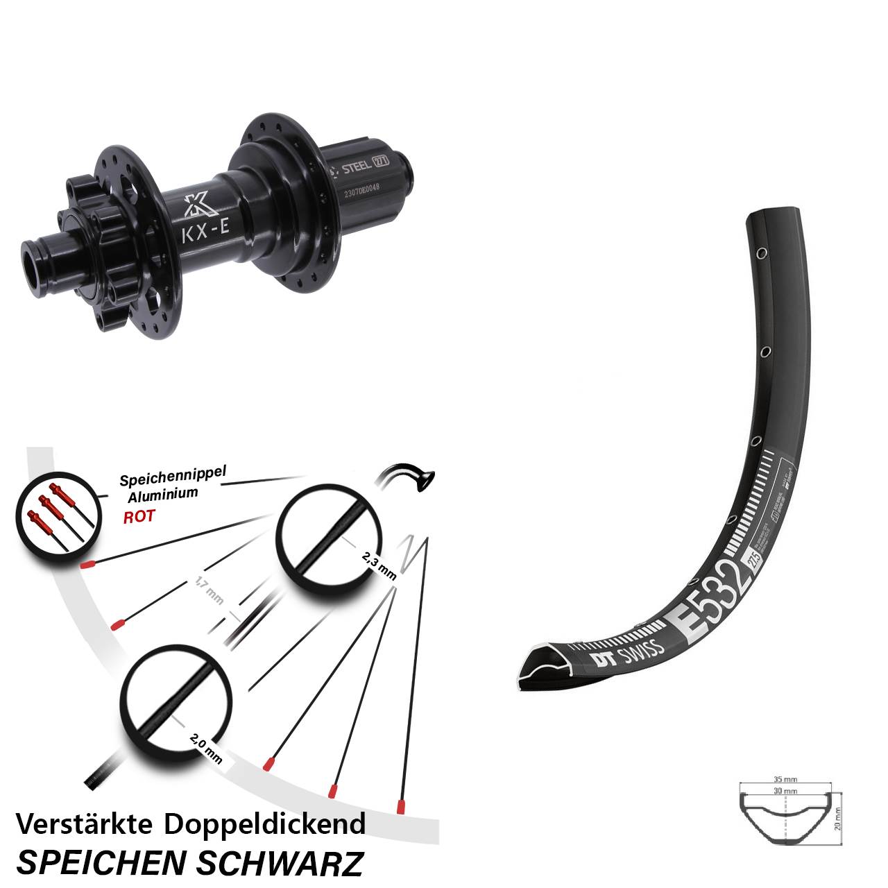 DT Swiss E532 KX-E Stahl Freilauf 27,5 Zoll Disc Laufrad 12x148 Boost 8-12 fach HG