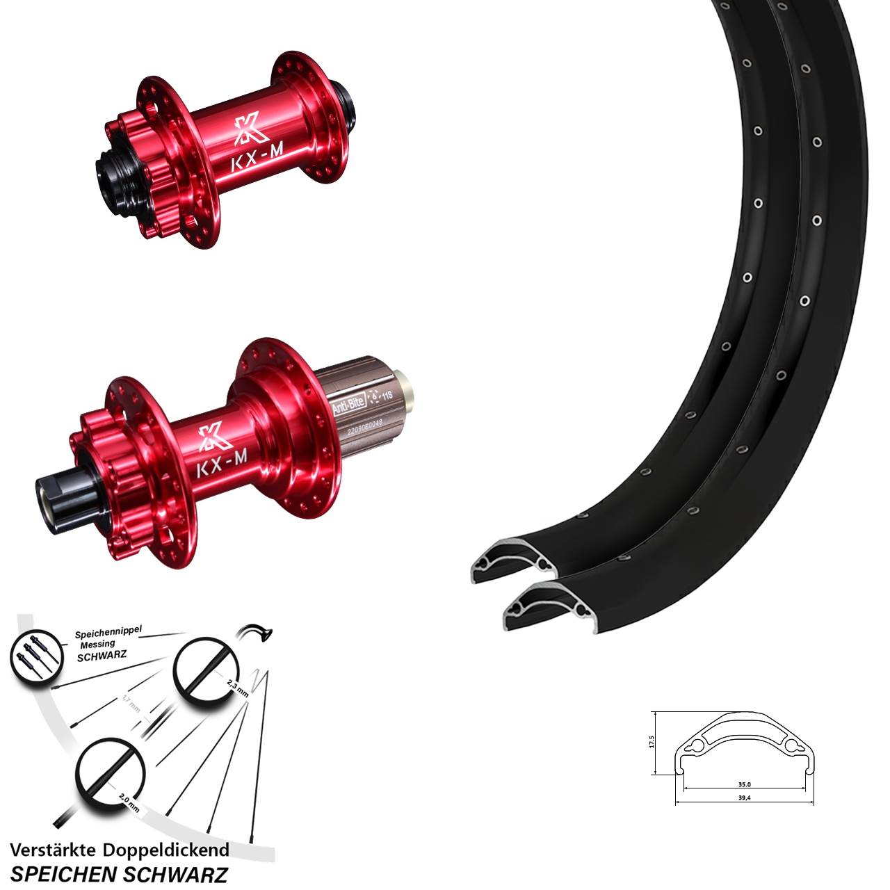 6-Loch Laufradsatz 15x100 12x142 29 Zoll Ryde Disc 35 KX-M rot 8-12 fach