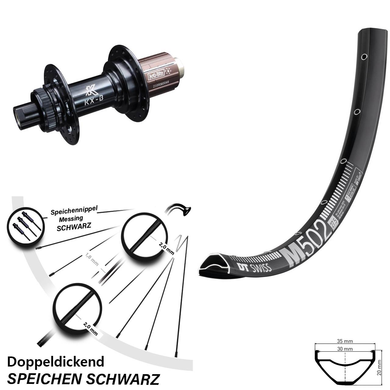 DT Swiss M 502 27,5 Zoll Hinterrad KX-B Centerlock 8-12 fach 12x148