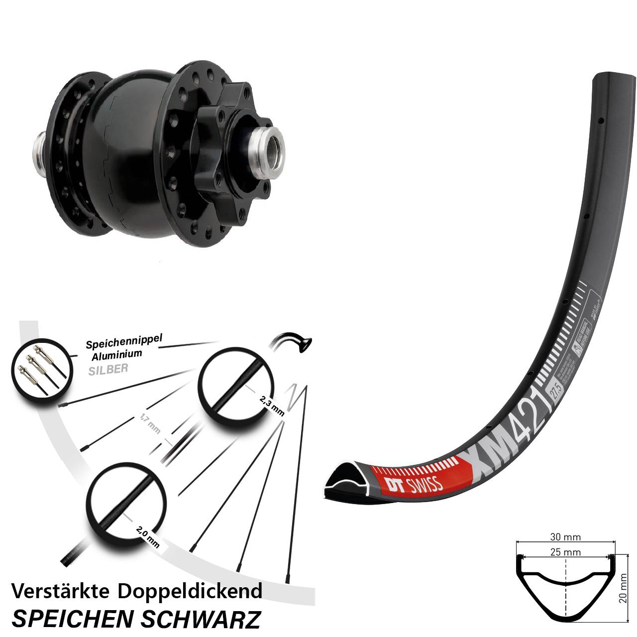 Nabendynamovorderrad 6-Loch 29 Zoll DT Swiss XM421 SON 28 12x100