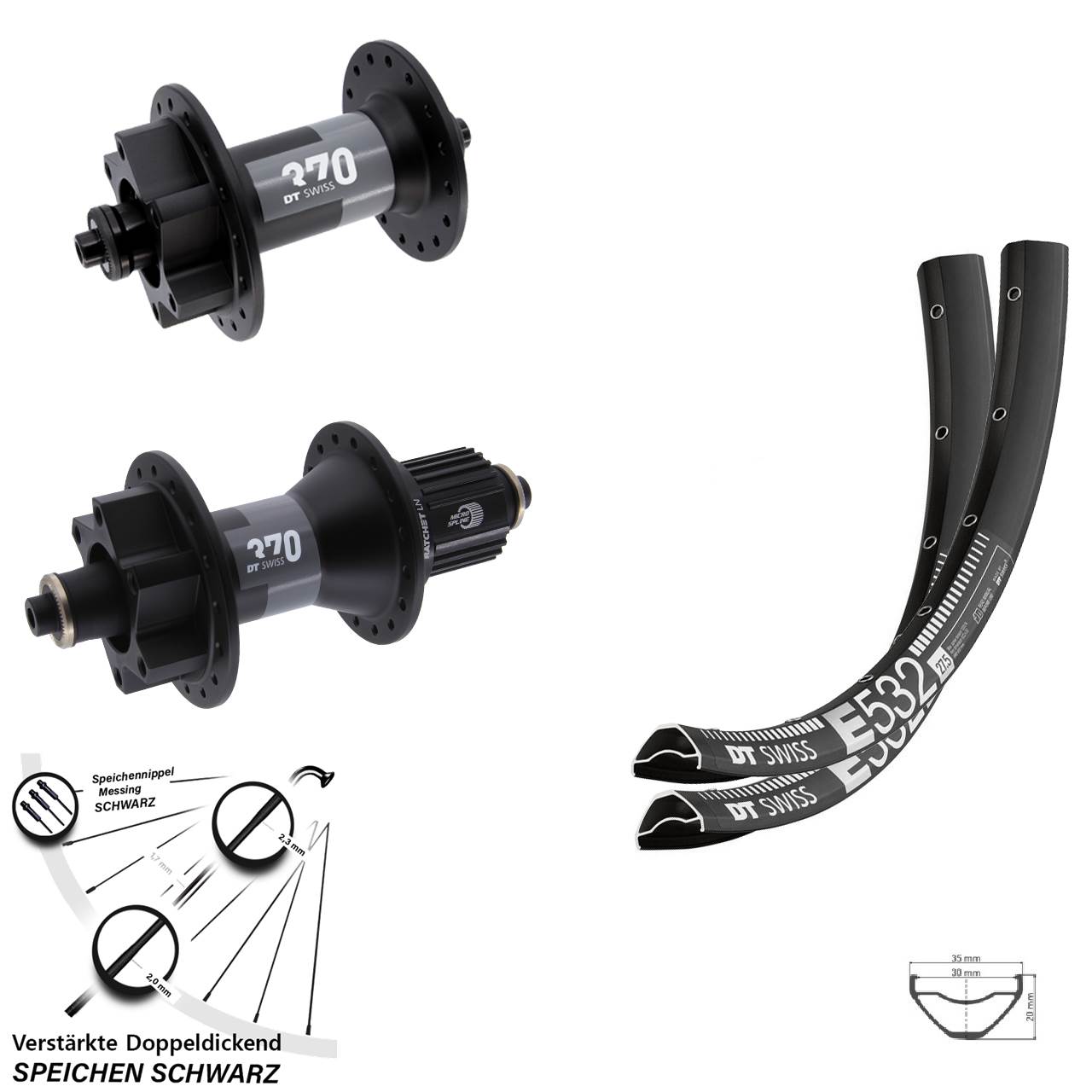 Laufradsatz 6-Loch für Schnellspanner 27,5 Zoll DT Swiss E 532-370 Hybrid Micro Spline
