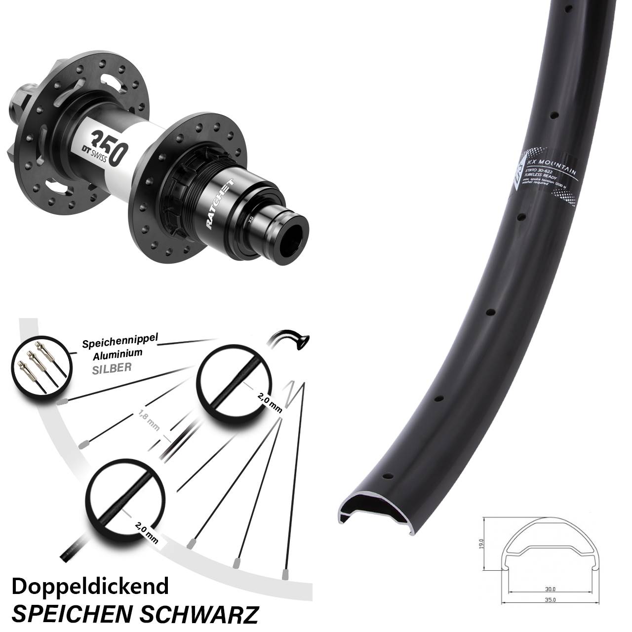 29 Zoll Hinterrad KX Mountain DT Swiss 350 Boost 6-Loch 12x148 mm Sram XD 30-622 ETRTO