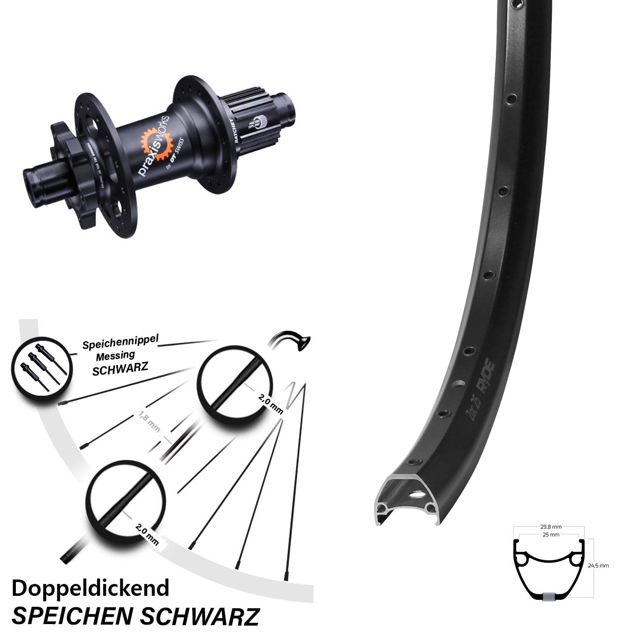 Hinterrad 28-29 Zoll Ryde ZAC 25 DT Swiss 350 SL 12x142 6-Loch Micro Spline