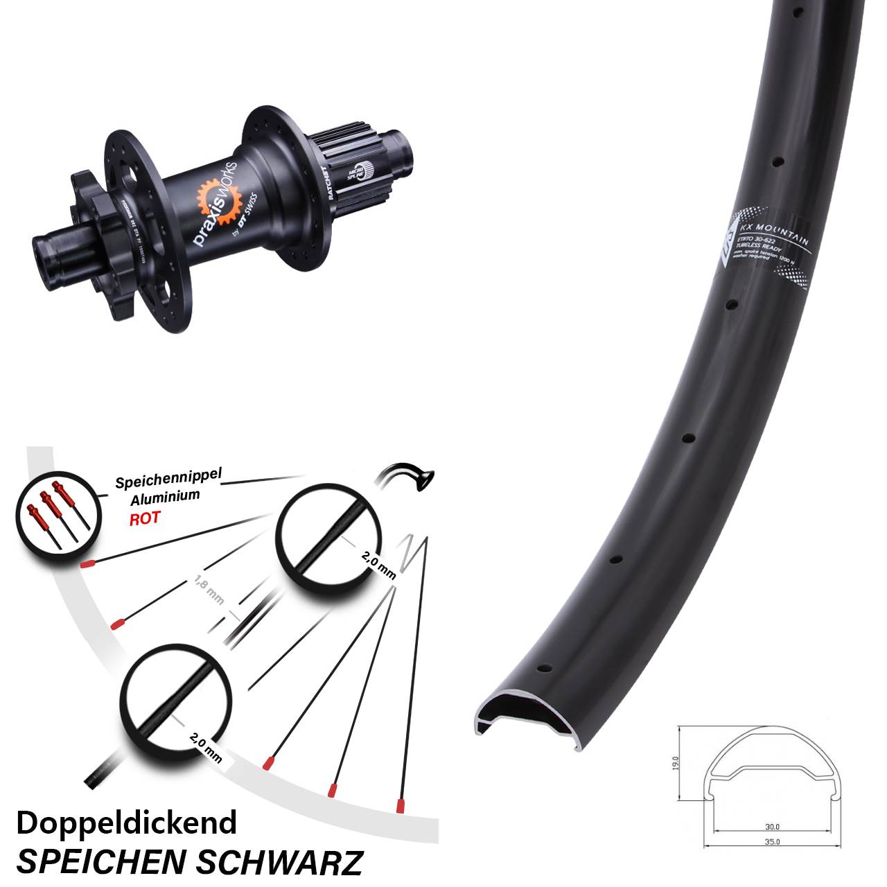 Disc Hinterrad 29 Zoll KX Mountain TR DT Swiss 350 Shimano Micro Spline 12x142