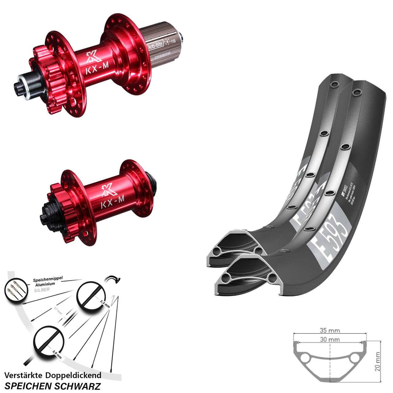 6-Loch Laufradsatz QR 29 Zoll DT Swiss E593 KX-M rot 8-12 fach HG