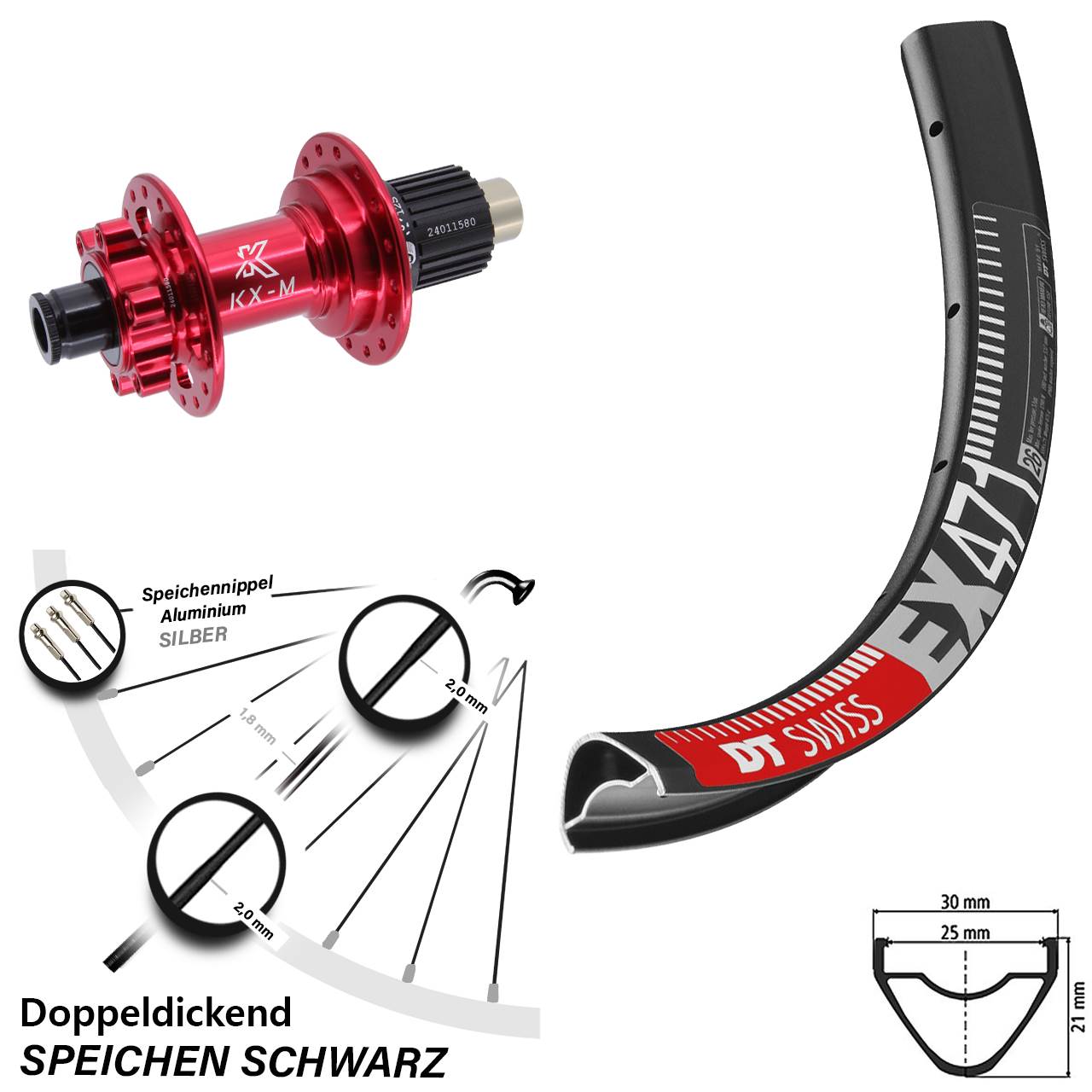 26 Zoll DT Swiss EX 471 Hinterrad KX-M rot Micro Spline 12x142