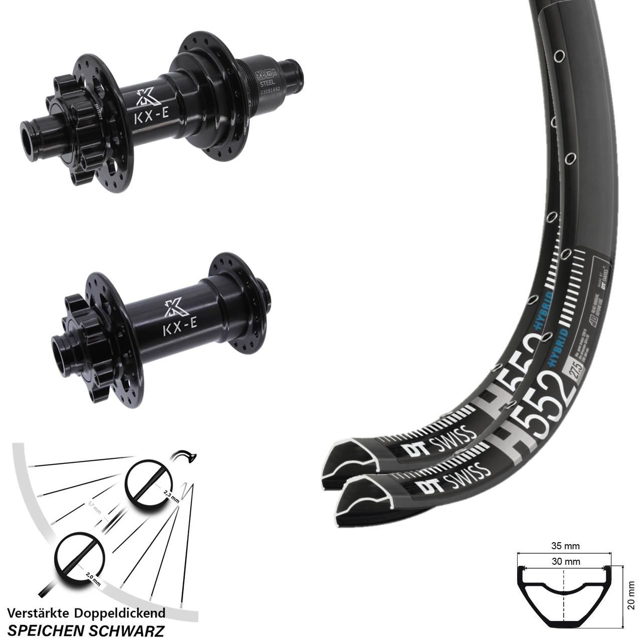 Laufrad-Satz 29 Zoll DT Swiss H552 KX-E 6-Loch Heavy Duty Stahl Freilauf XD 15x110 12x148