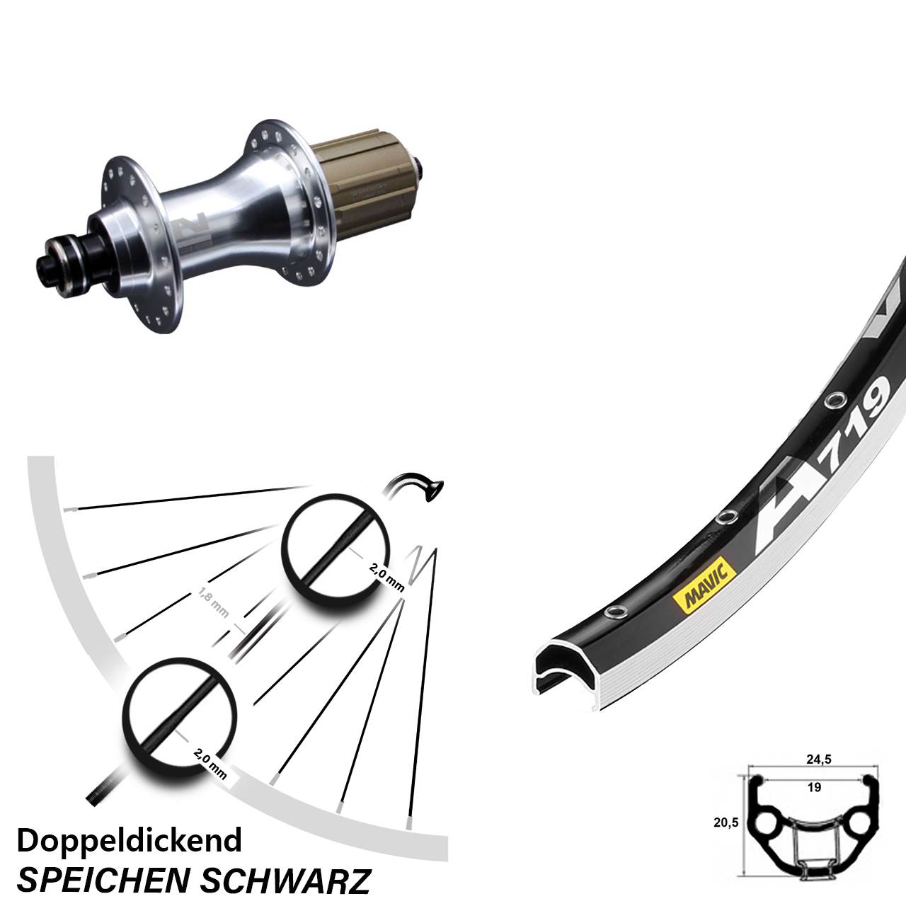 Mavic A 719 28 Zoll Hinterrad 5x130 mm Novatec F162 silbern 8-12 fach