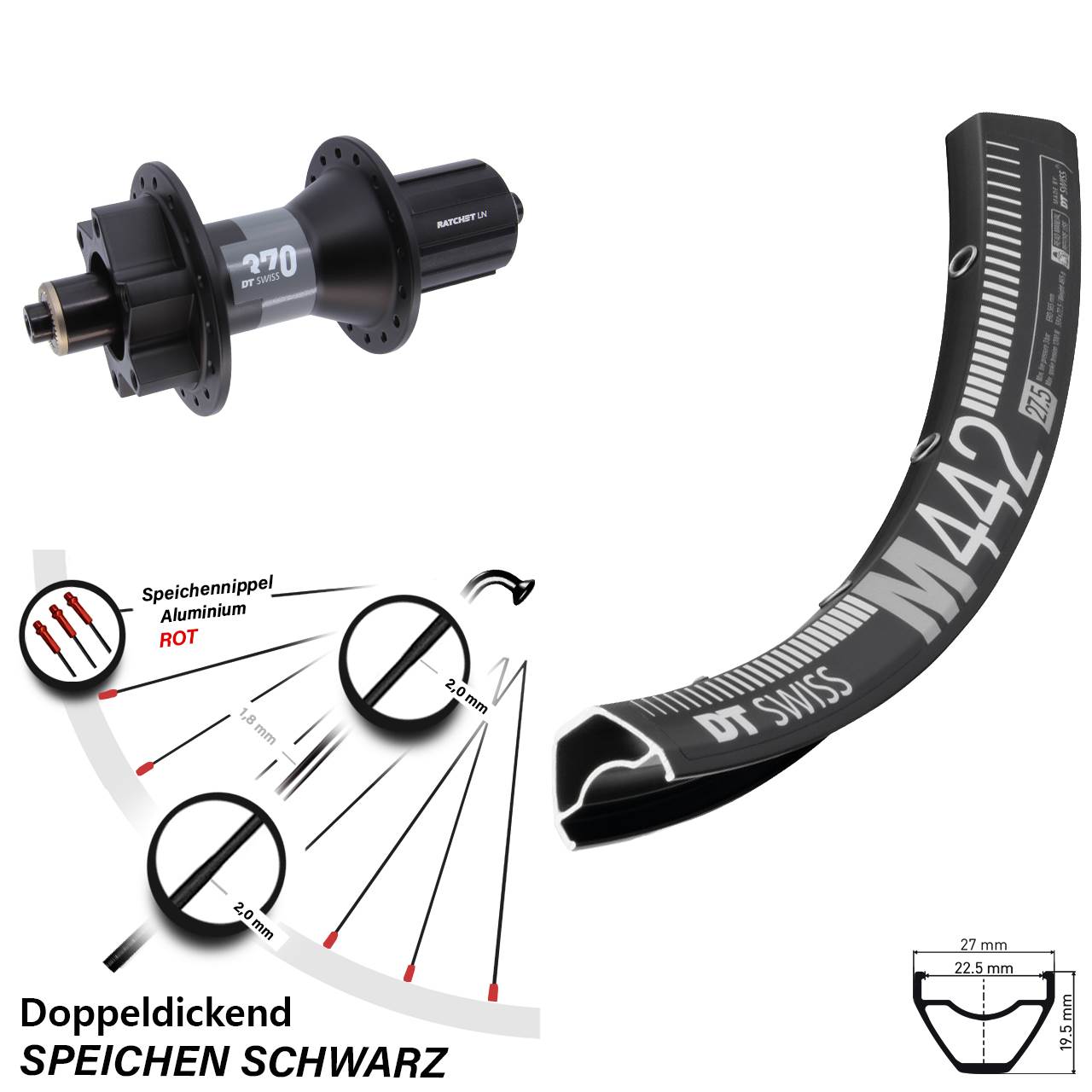28 Zoll DT Swiss M 442 370 6-Loch Hinterrad QR 8-11 fach HG