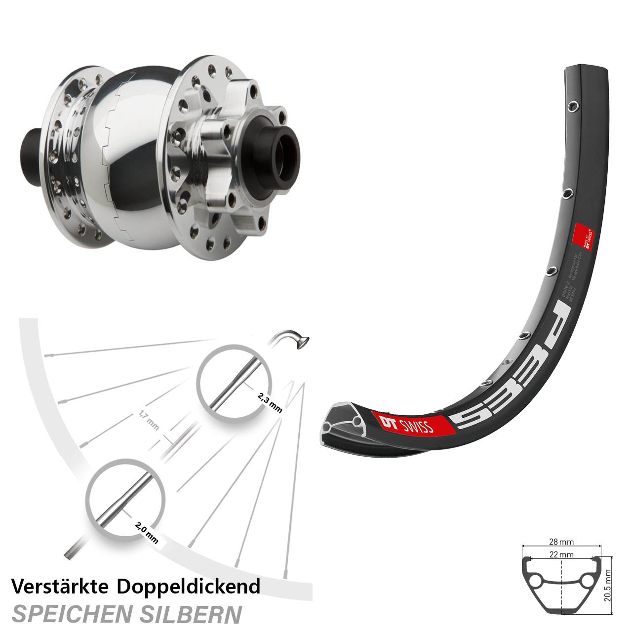 6-Loch Vorderrad mit Nabendynamo 15x100 Steckachse DT Swiss 533 D SON 28
