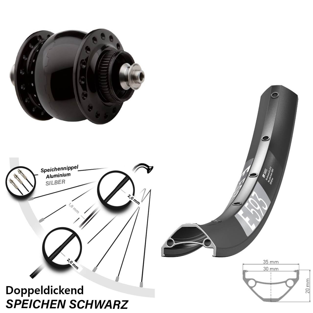 SON 28 DT Swiss E 593 650B Nabendynamovorderrad Centerlock QR