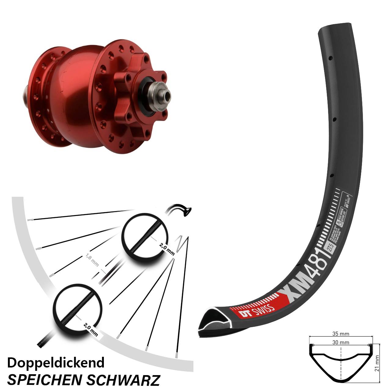 27,5 Zoll DT Swiss XM 481 SON 28 rot Disc Vorderrad mit Nabendynamo für Schnellspanner