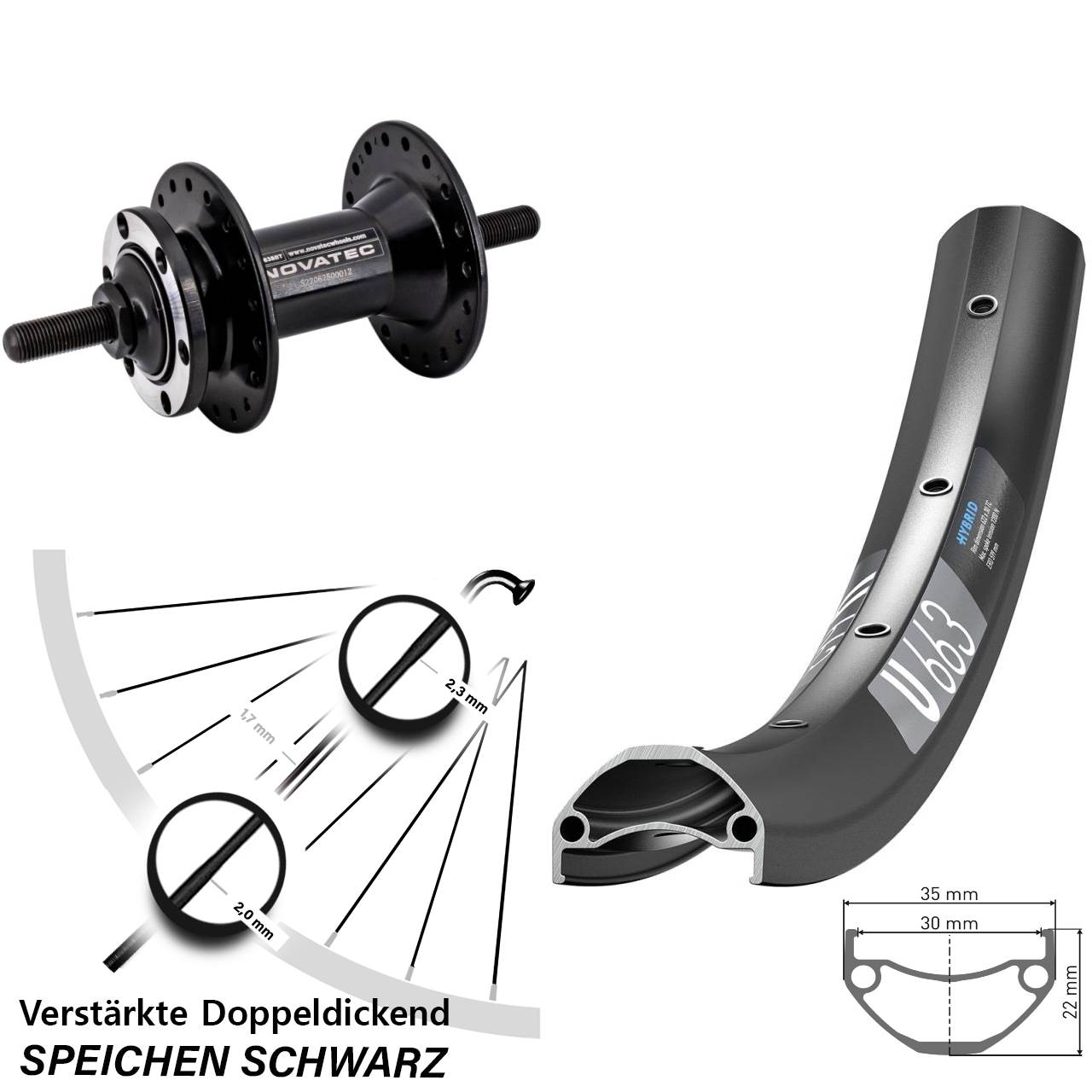6-Loch Vorderrad Vollachse 20 Zoll DT Swiss U 663 Novatec D763SBT