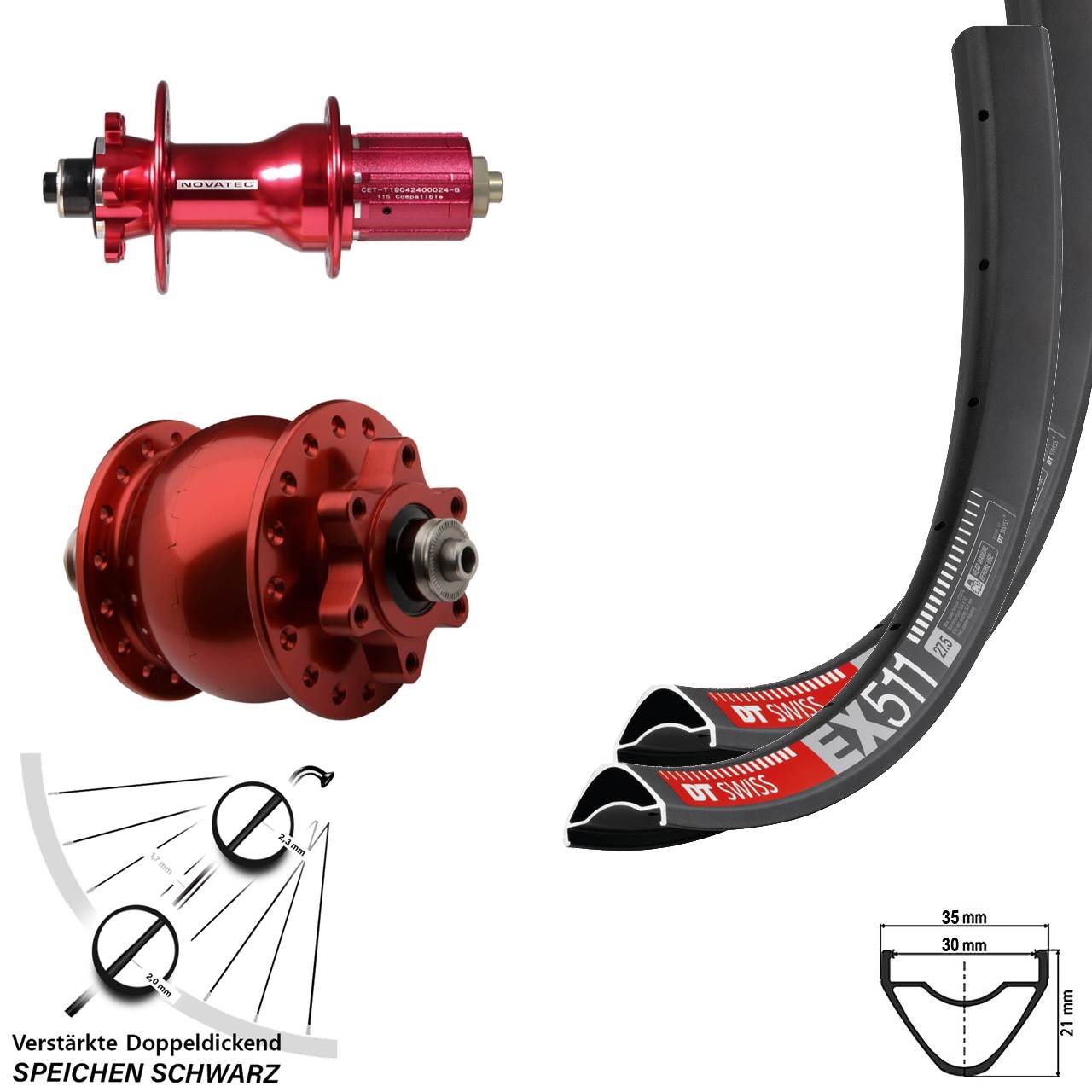 Laufrad-Satz 29 Zoll DT Swiss EX511 Novatec D792 Disc 6-Loch SON 28 rot 8-12 fach QR
