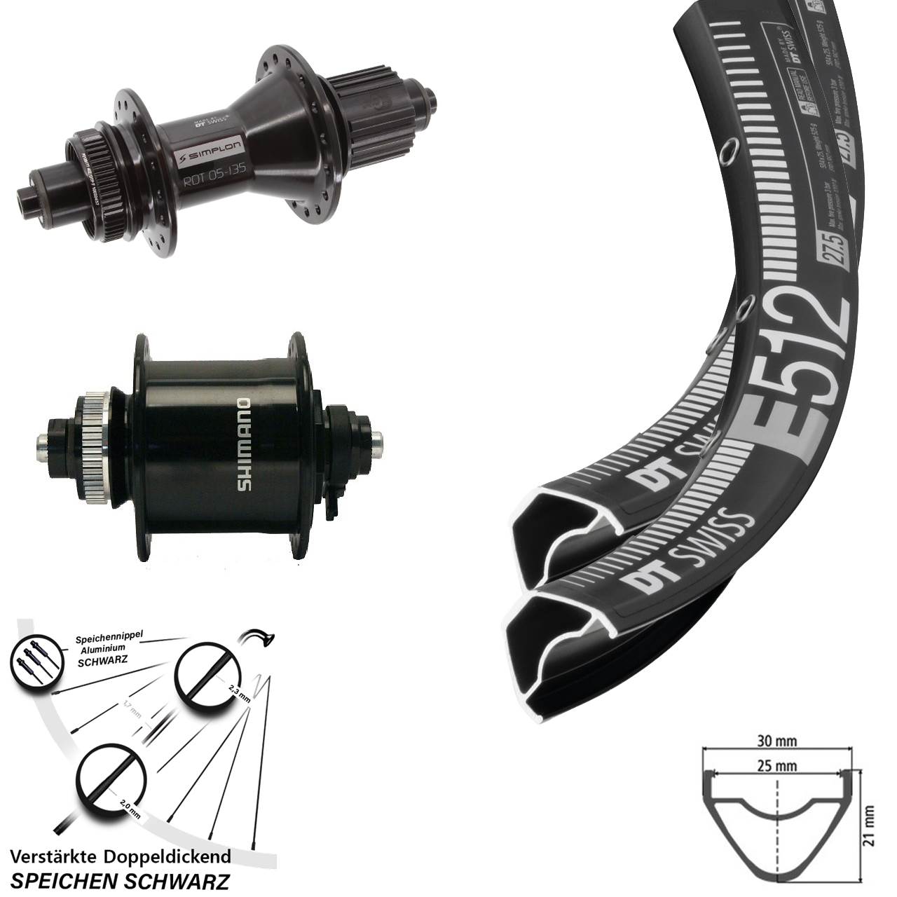 DT Swiss E 512 Shimano Nabendynamo 29 Zoll Disc MTB Laufradsatz schwarz