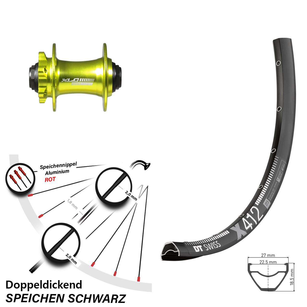 28-29 Zoll DT Swiss X412 XLC Evo grün eloxiert Vorderrad 6-Loch 15x100
