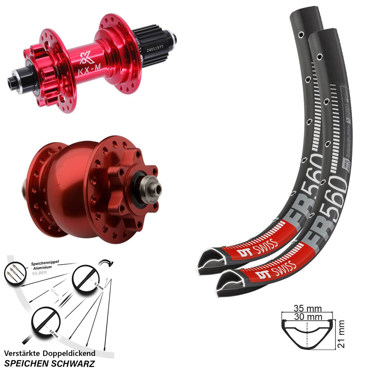 Disc Laufrad-Satz 26 Zoll DT Swiss FR 560 KX-M rot SON 28 Shimano Micro Spline QR