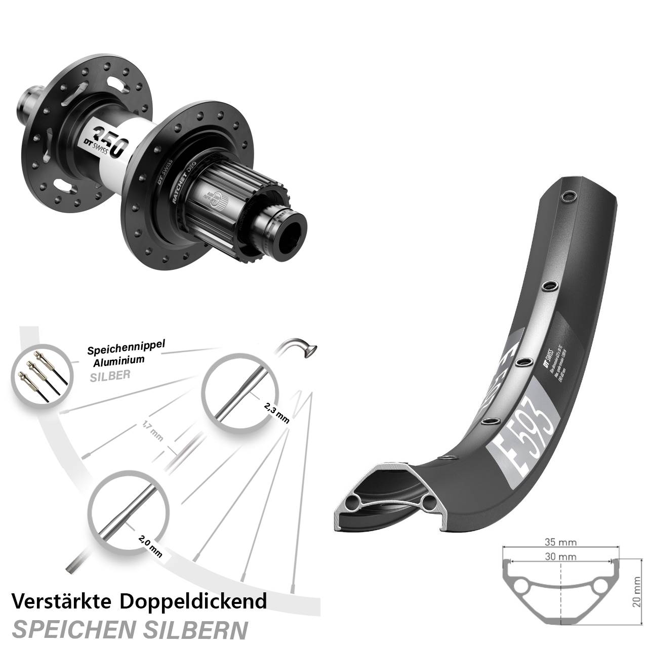 29 Zoll DT Swiss E593-350 DEG72 Disc Laufrad 12x148 Shimano Micro Spline