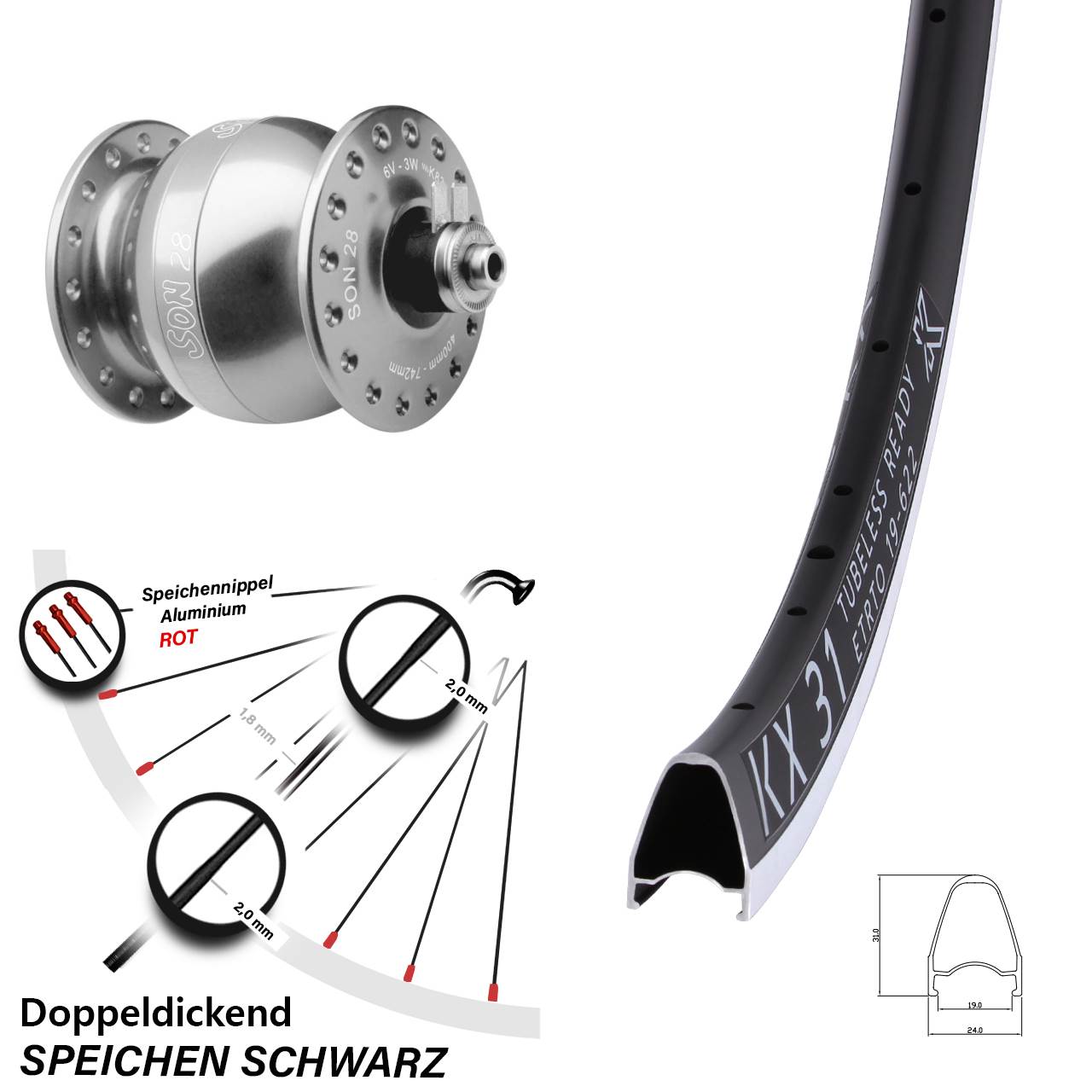KX 31 SON 28 Zoll Vorderrad mit Nabendynamo für Schnellspanner