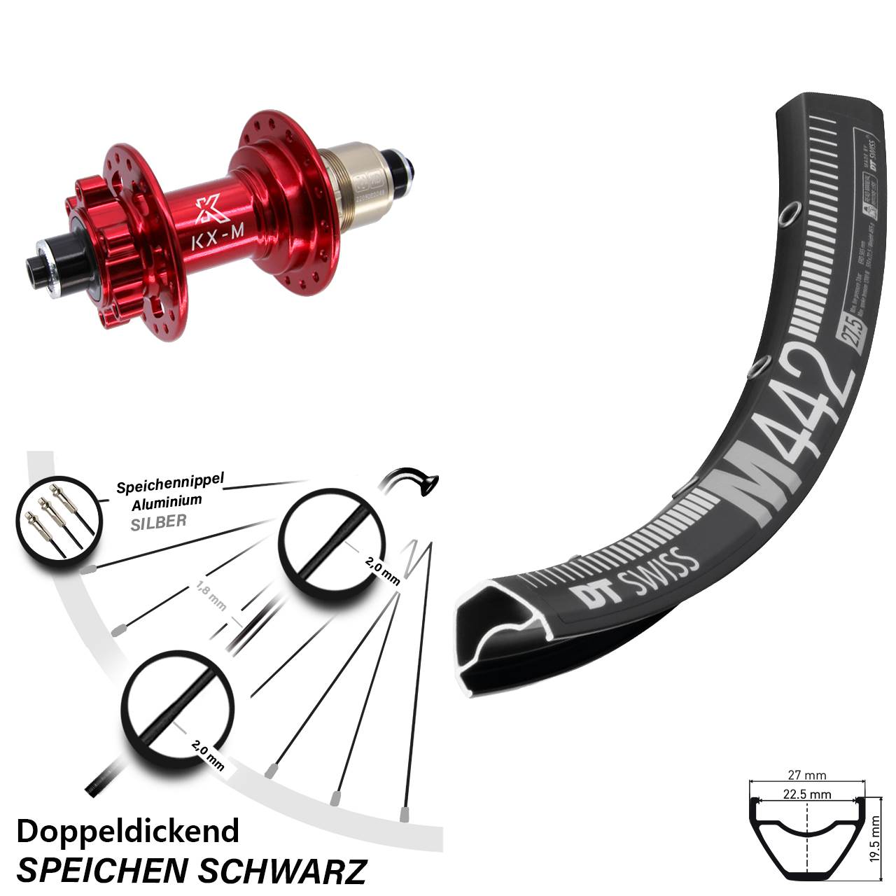 29 Zoll DT Swiss M 442 KX-M rot Hinterrad 6-Loch für Schnellspanner SRAM XD