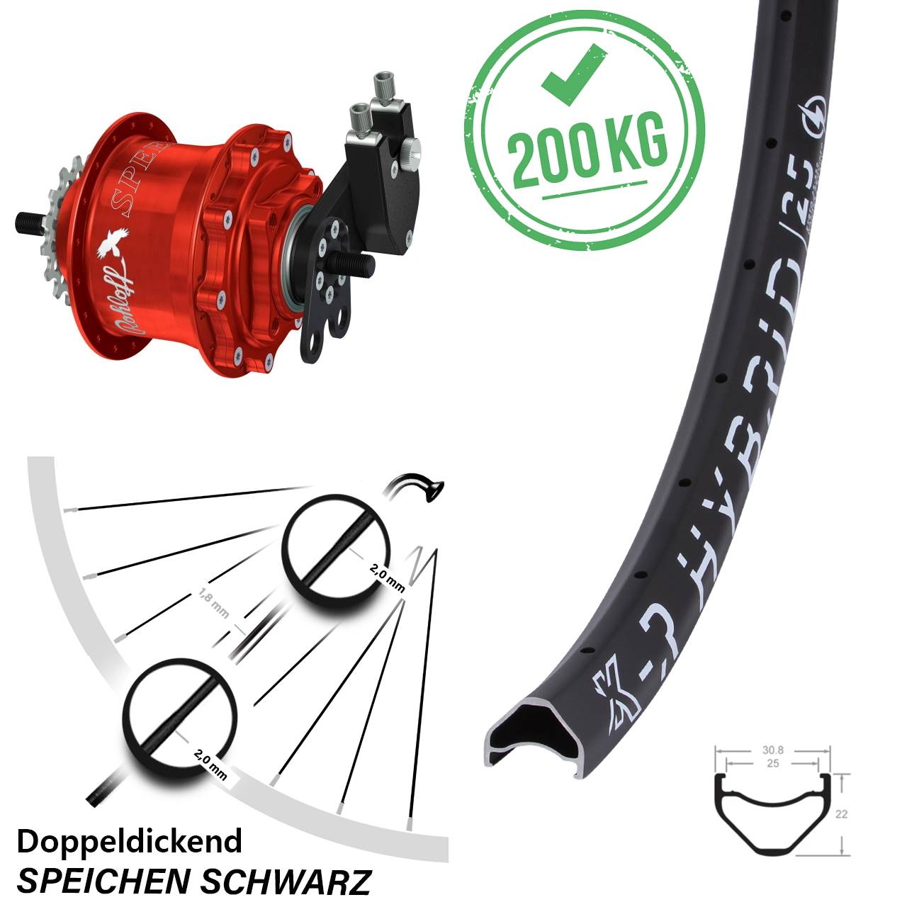 Disc Laufrad 26 Zoll KX-R Hybrid 25 Rohloff Speedhub 500/14 TS DB rot