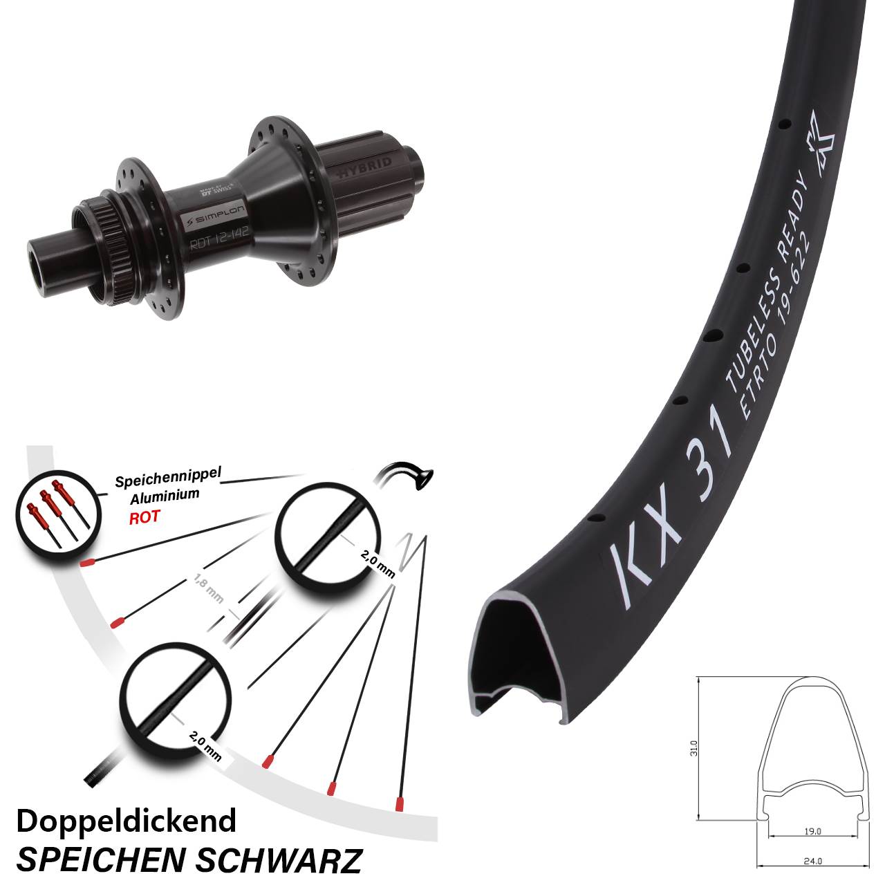 KX31 DT Swiss 370 Hybrid 28 Zoll Disc Laufrad 12x142 8-11 fach HG