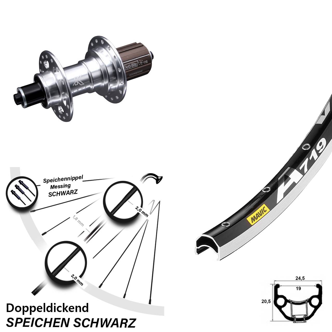 Hinterrad 28 Zoll Mavic A 719 KX-T Hinterradnabe silbern 6-fach gelagert