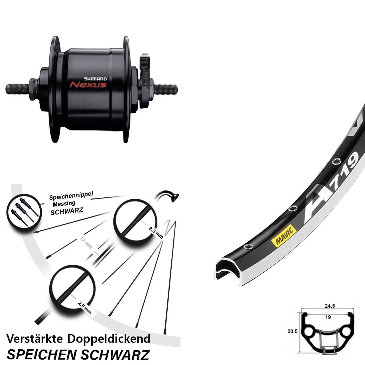 28 Zoll Mavic A 719 Shimano DH-C3000-3N Vorderrad mit Nabendynamo Vollachse