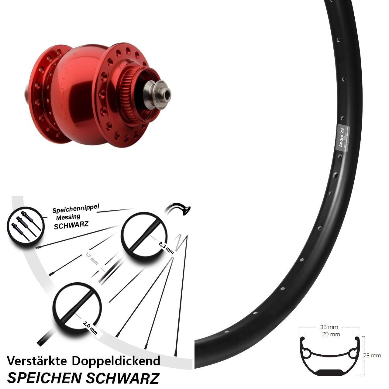 SON 28 rot Ryde Andra 29 27,5 Zoll Nabendynamovorderrad Centerlock für Schnellspanner
